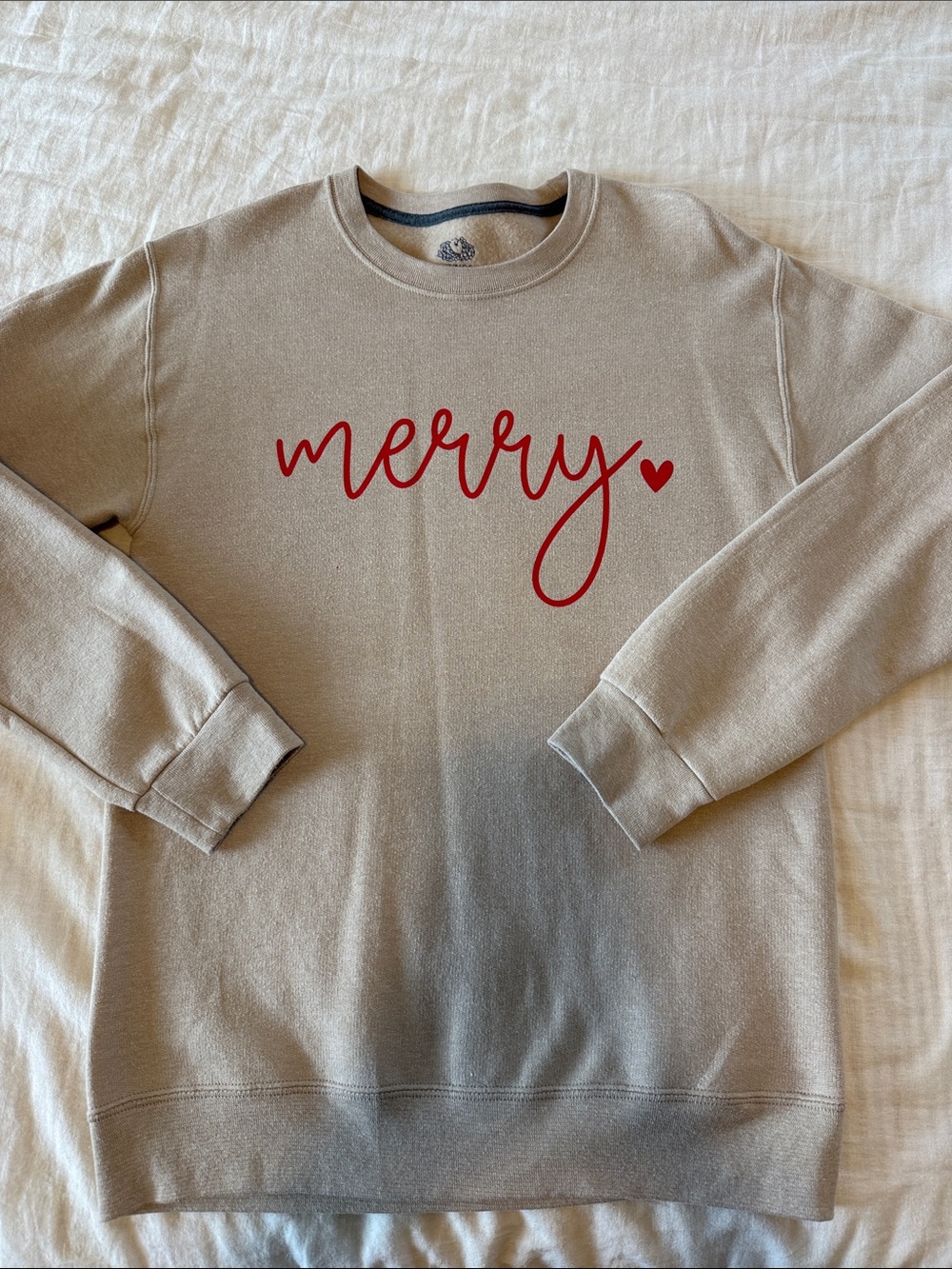 Fruit of the Loom Beige Sweatshirt with Red "merry" Script